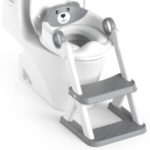 Potty Training Seat, Upgrade Toddler Toilet Seat for Kids Boys Girls, 2 in 1 Potty Training Toilet, Splash Guard Anti-Slip Pad Step Stool(Grey-Bear)