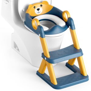 Potty Training Seat, Upgrade Toddler Toilet Seat for Kids Boys Girls, 2 in 1 Potty Training Toilet, Splash Guard Anti-Slip Pad Step Stool(Blueyellow-Bear)